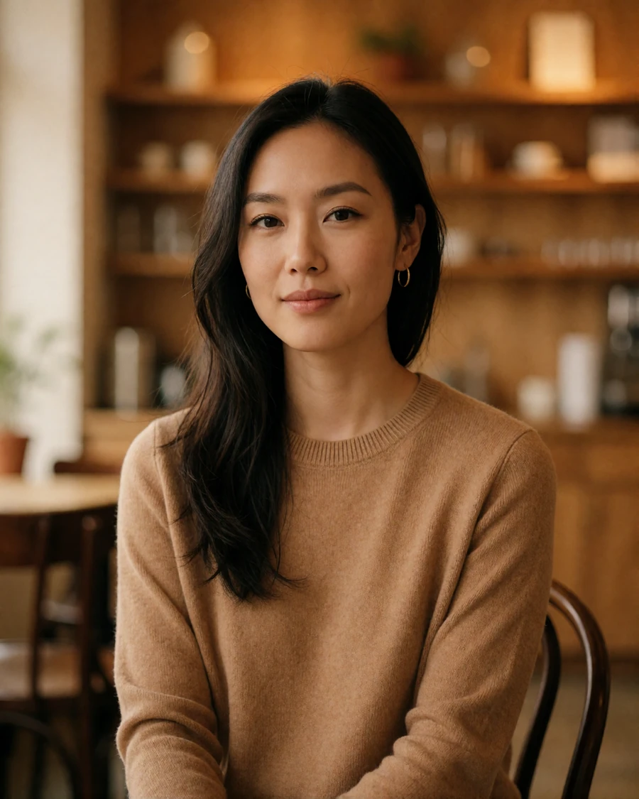 Asian woman in a camel knit sweater seated in a warmly lit cafe, an example of a candid dating profile portrait