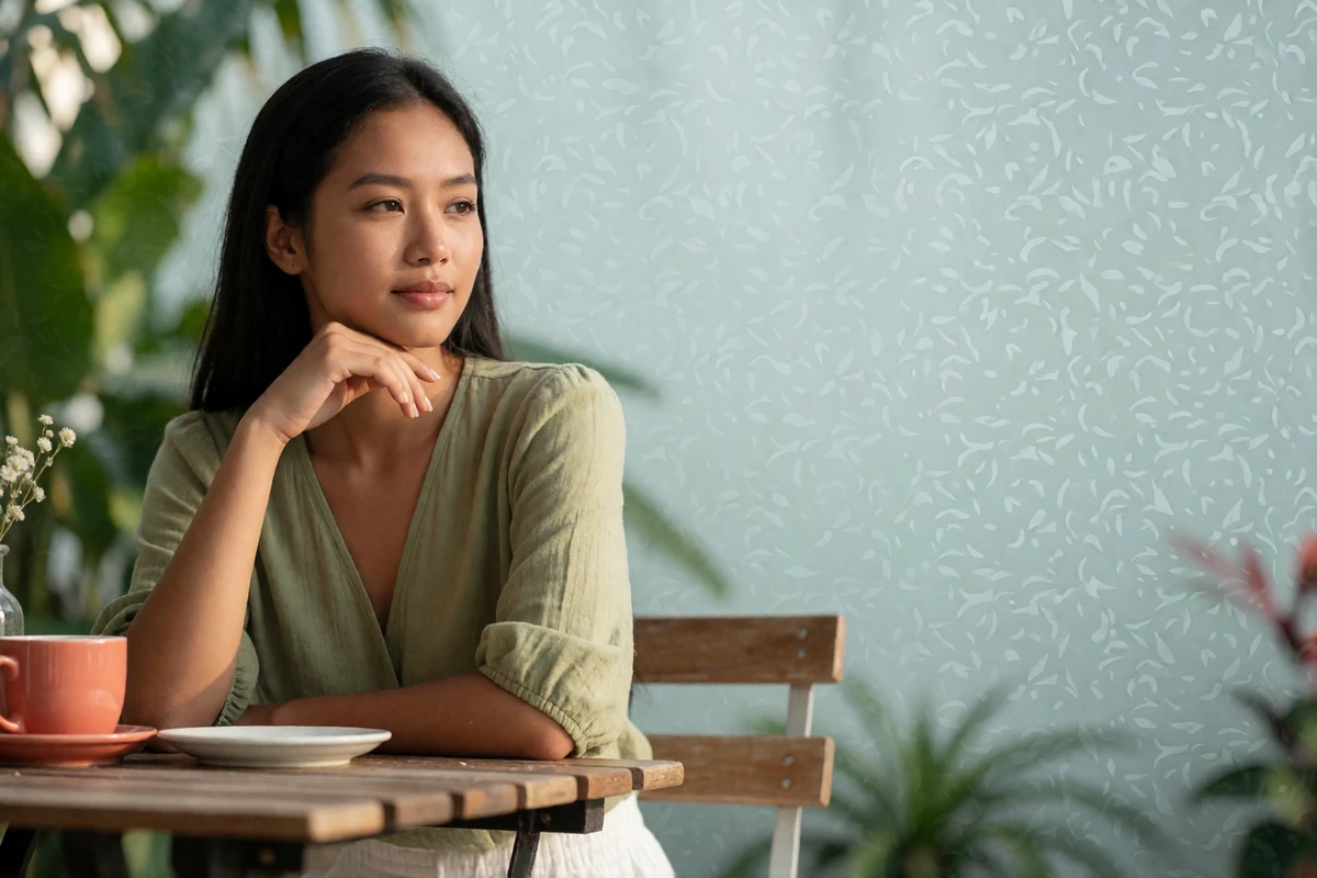 Southeast Asian woman in an olive blouse smiling at an open-air cafe table in daylight, illustrating a dating profile photo style