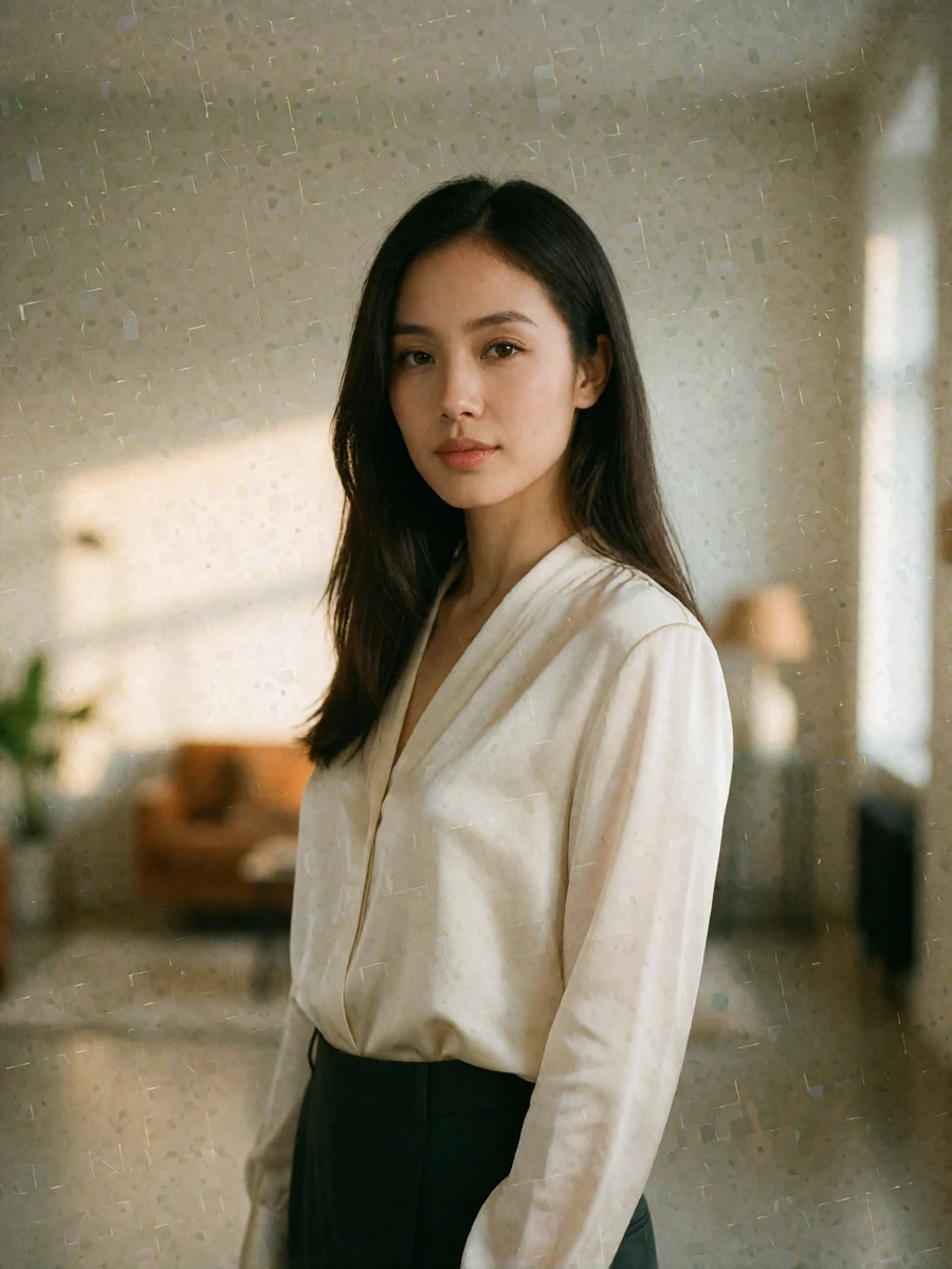 Poised Vietnamese woman in an ivory silk blouse in a bright contemporary interior, an example of a verified Vietnamese dating profile portrait