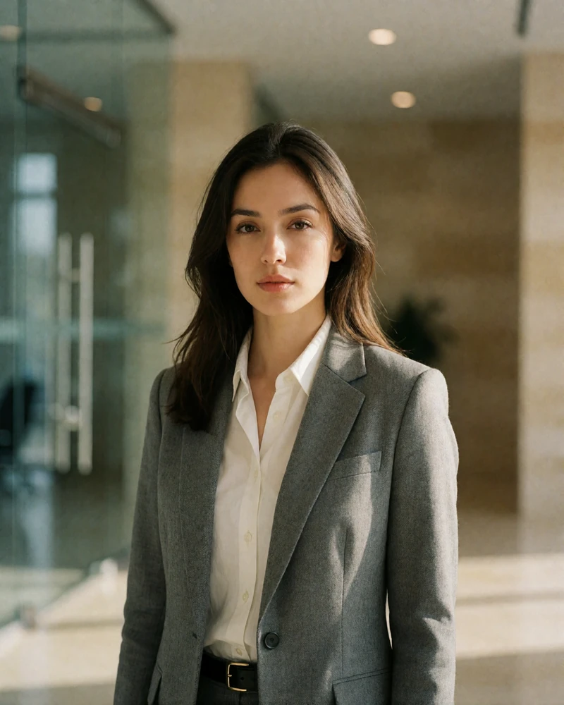Professional Uzbek woman in a grey blazer in a modern office lobby portrait