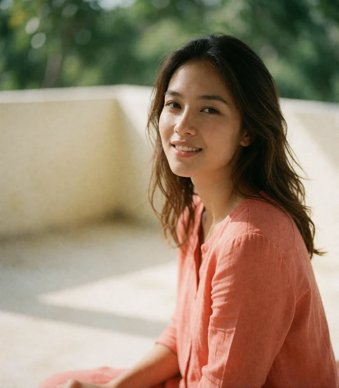 Thai woman in a coral linen top smiling on a shaded terrace, an example of a photo-verified Thai dating profile