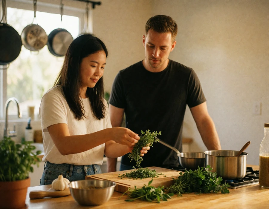 Asian woman and Western man cooking together at a kitchen island during an informal cooking class