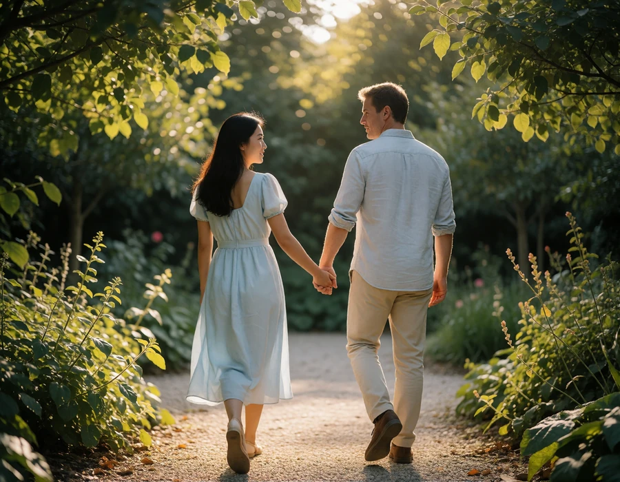 Asian woman and Western man walking hand in hand along a garden path