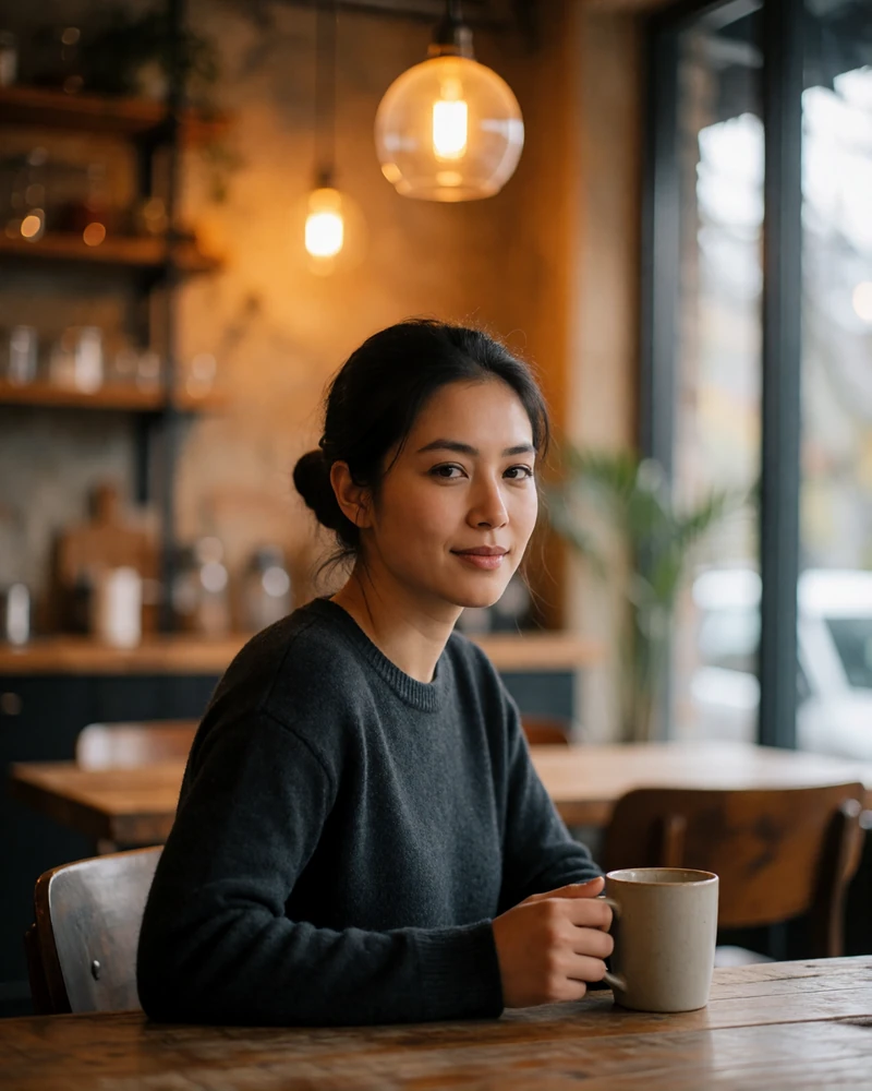 Nepali woman in a charcoal sweater seated at a wooden cafe table, candid Nepali dating profile photography