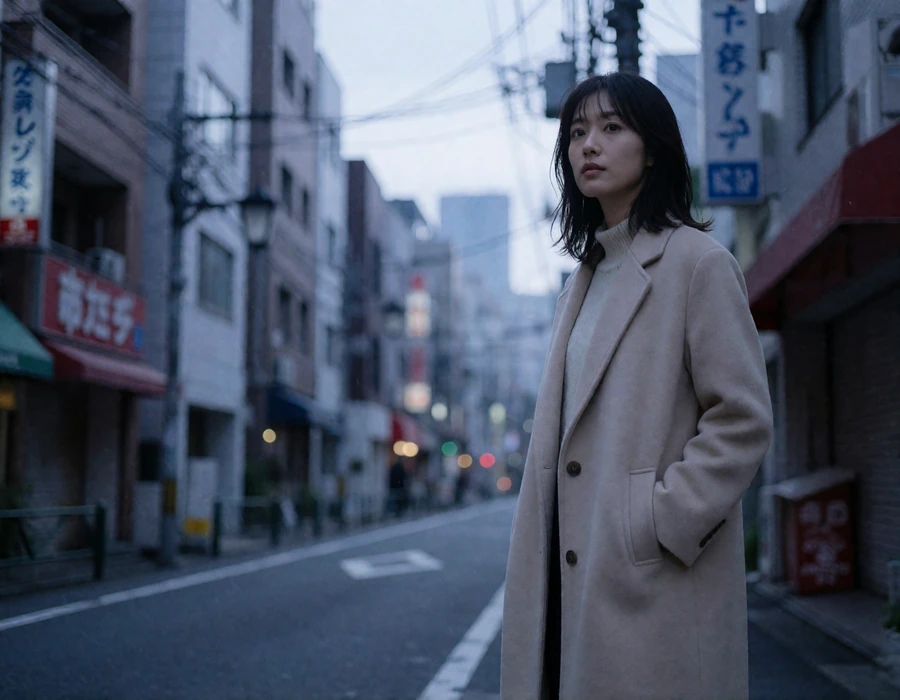Stylish Japanese woman in a long beige coat standing on a quiet Tokyo street at dusk