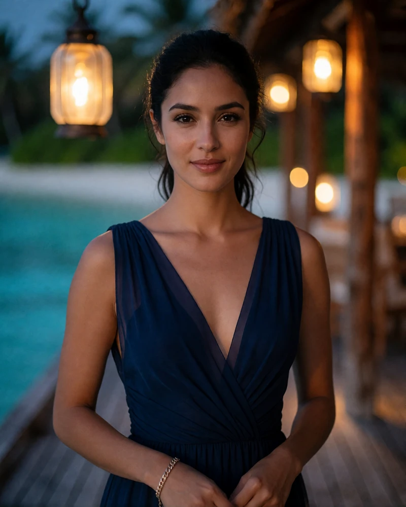 Maldivian woman in a navy evening dress on a resort deck at dusk, example of a verified dating profile photo