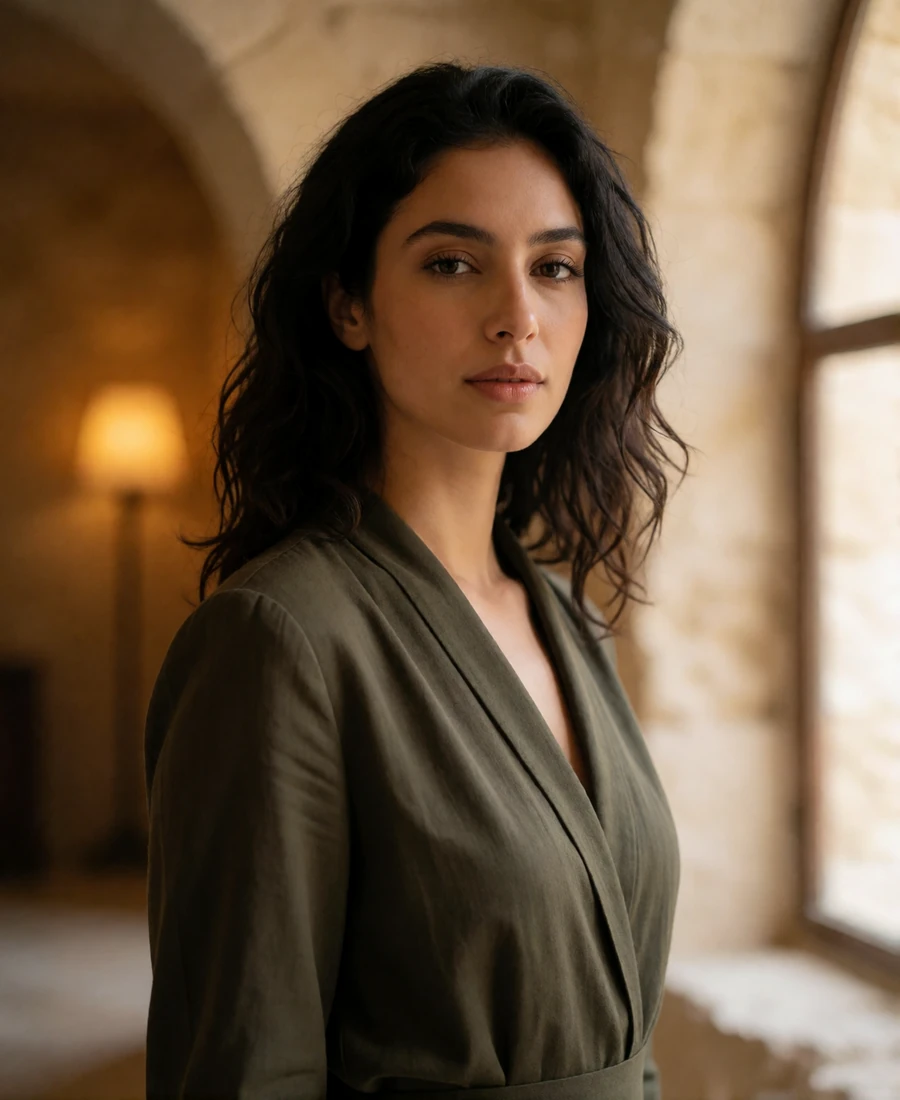 Poised Jordanian woman in a tailored olive blouse standing in a warmly lit limestone interior, an example of a verified Jordanian dating profile portrait