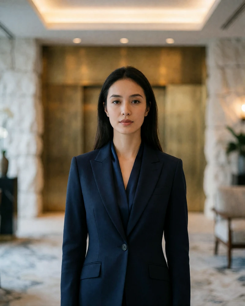 Kazakh woman in a navy suit in a modern hotel lobby