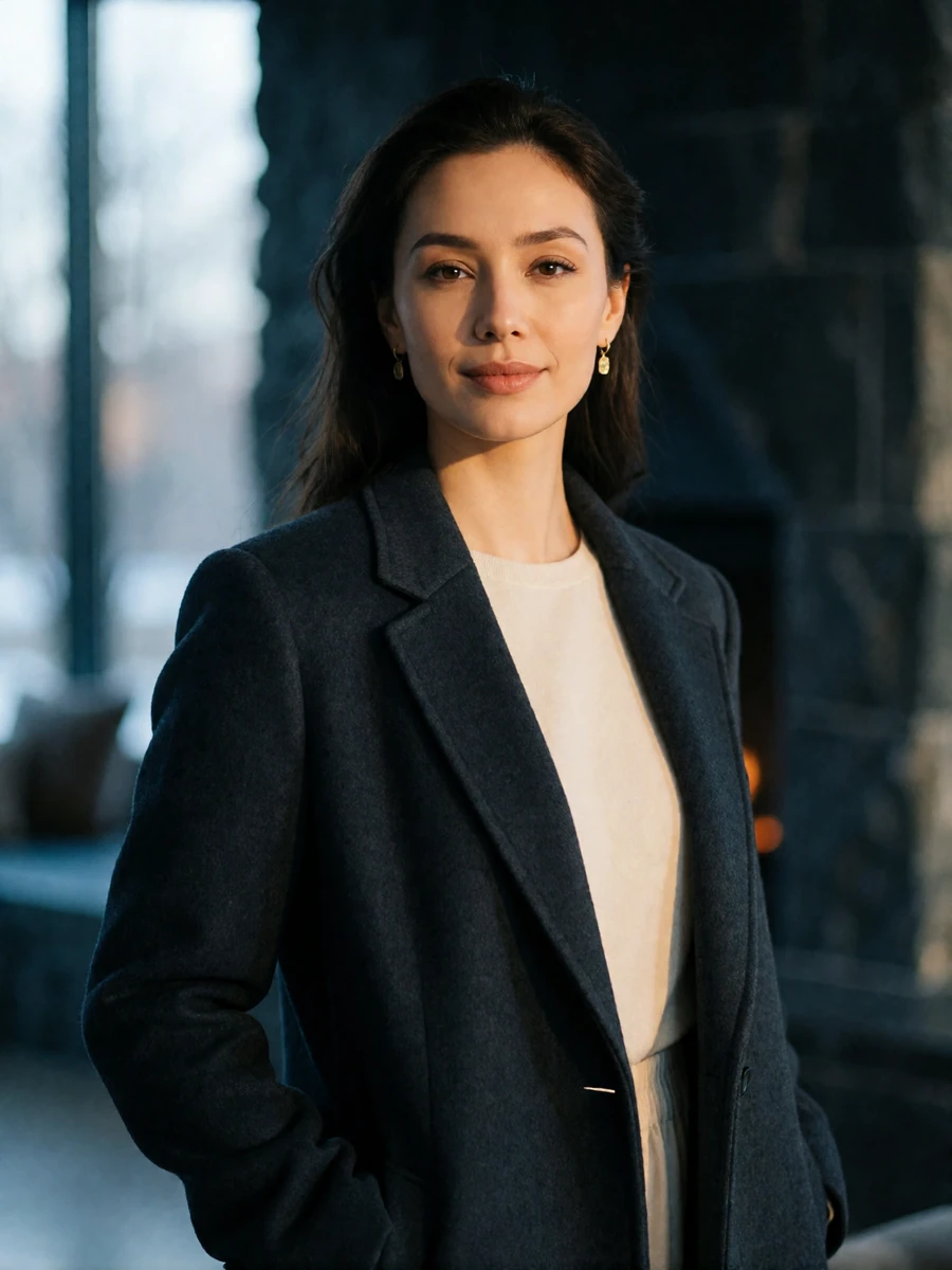 Kazakh woman in a charcoal coat standing in a refined modern interior