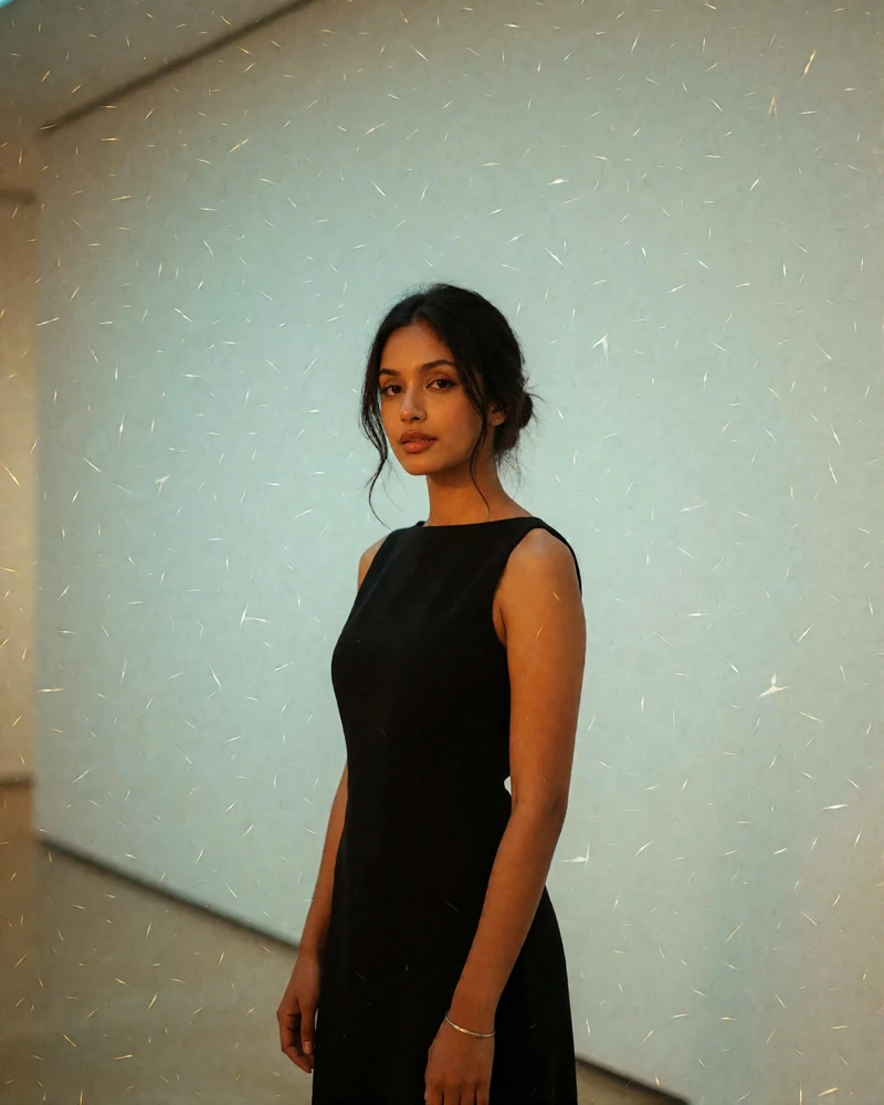 Sri Lankan woman in a black sleeveless dress in a minimal gallery corridor, poised dating profile portrait