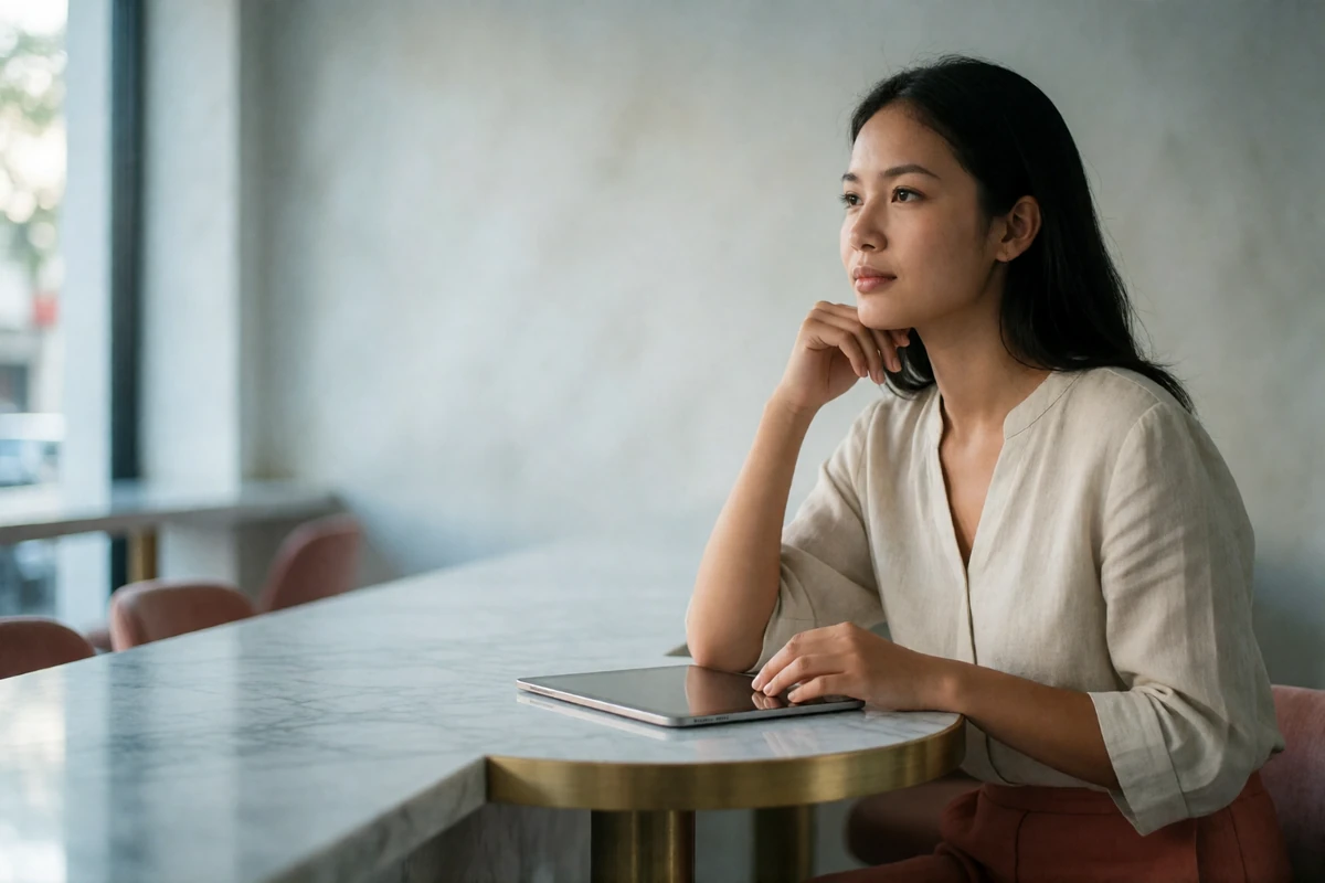 Southeast Asian woman resting her chin on her hand at a marble café counter, illustrating the SakuraDate platform review