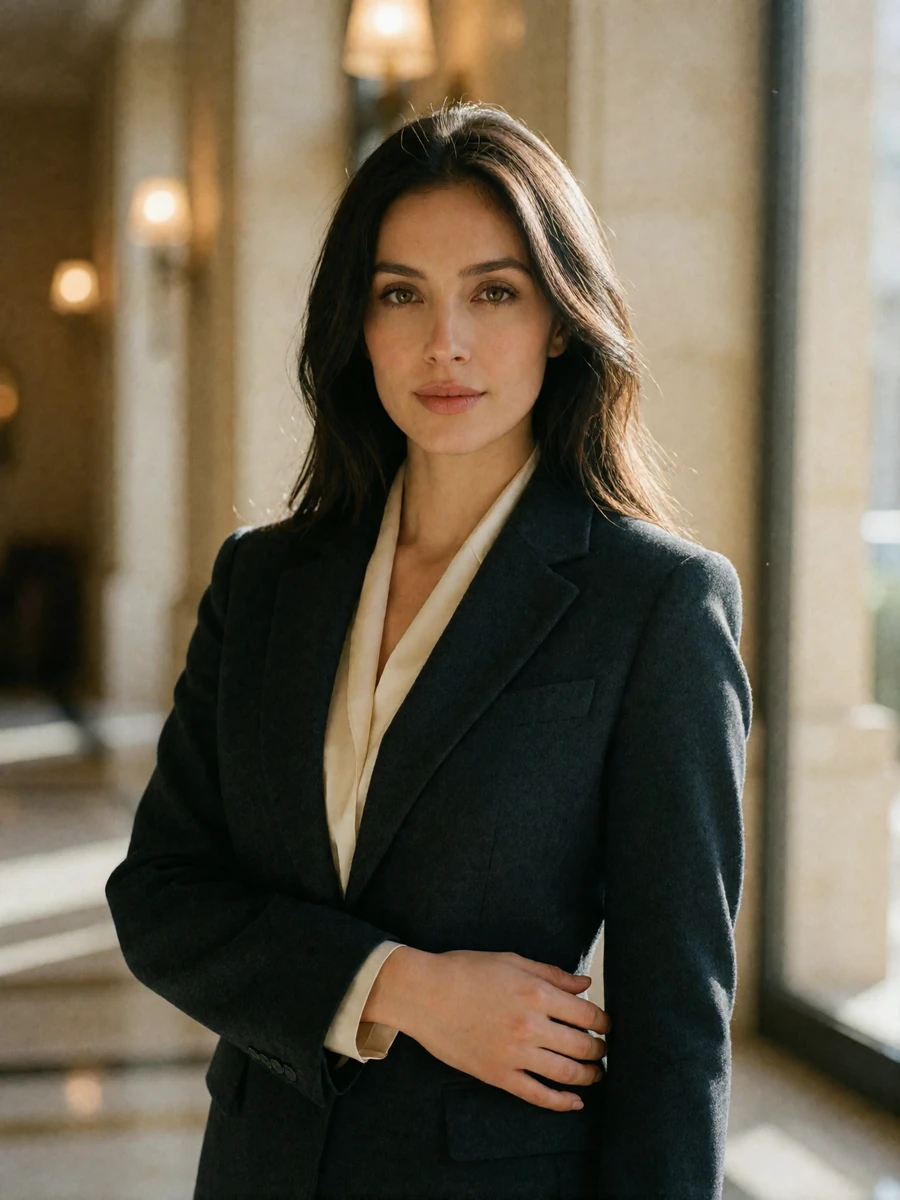 Confident Kyrgyz woman in a tailored charcoal blazer standing in a softly lit upscale hotel lobby, an example of a verified Kyrgyz dating profile portrait