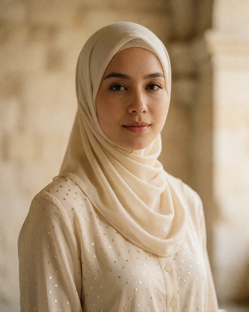 Malaysian woman in a cream headscarf with a calm expression in a softly lit stone interior, a photo-verified Malaysian dating profile example