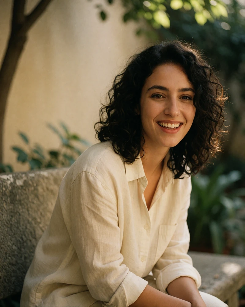 Armenian woman in a cream linen shirt laughing on a stone bench in a quiet courtyard, an example of a photo-verified Armenian dating profile