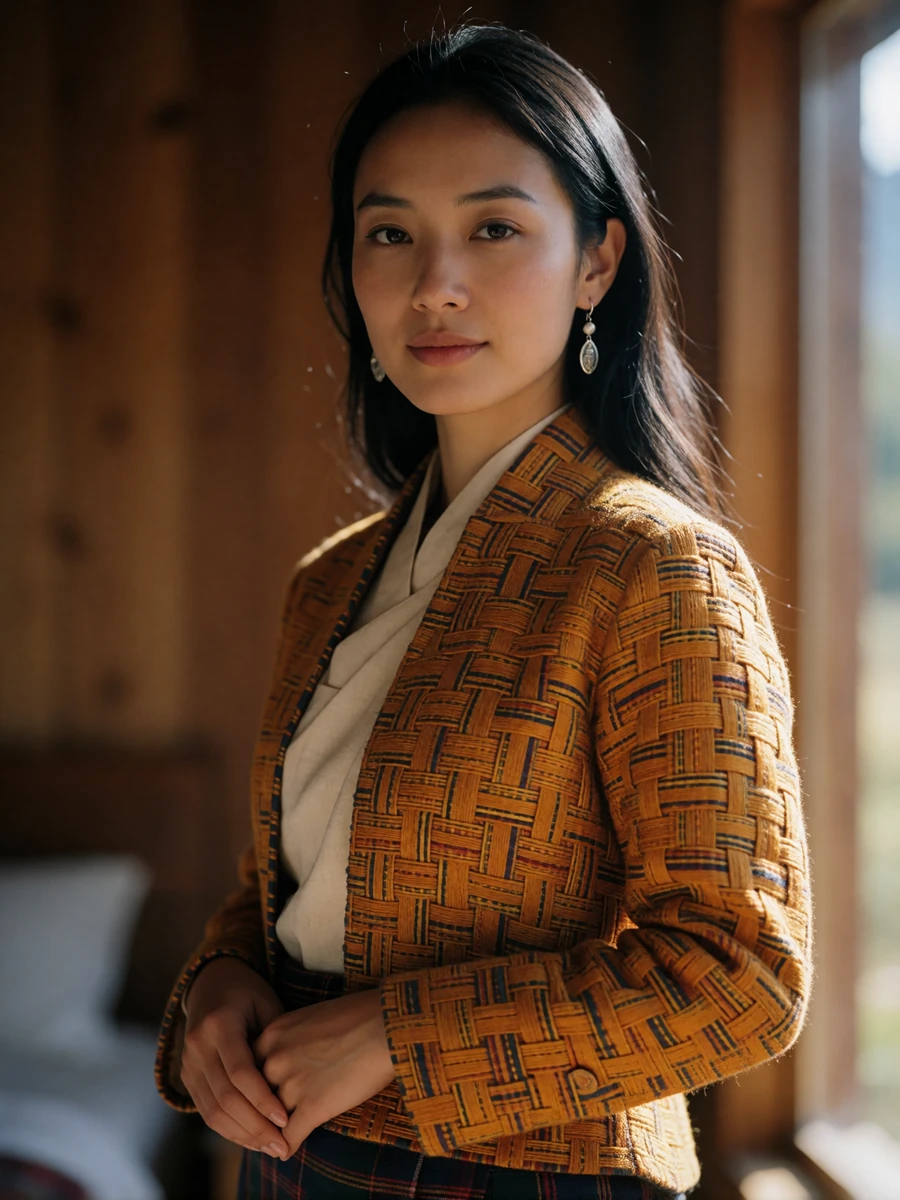 Bhutanese woman in a woven saffron jacket standing calmly in a lodge interior, an example of a verified Asian dating profile portrait