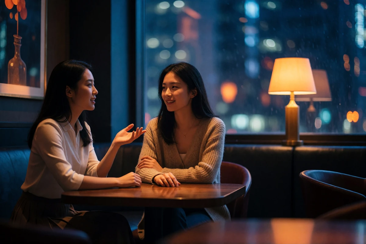 Two Chinese women talking together at a low table in a dim contemporary cocktail lounge with city lights in the background