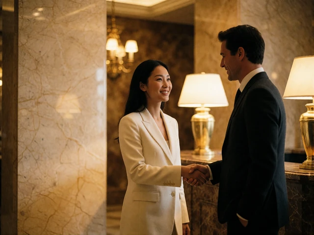 Asian woman in a pale blazer greeting a man in a dark suit in a luxury hotel lobby at their first in-person meeting