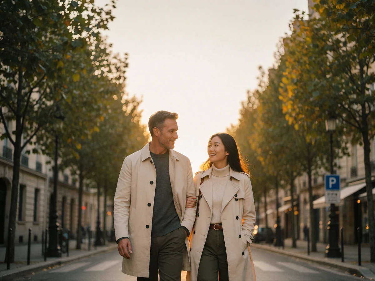 Couple walking and talking along an elegant tree-lined city boulevard in late afternoon sunlight