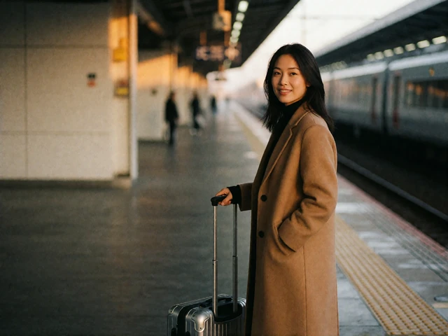 Asian woman in a camel coat with a suitcase on a railway platform, looking back before a trip