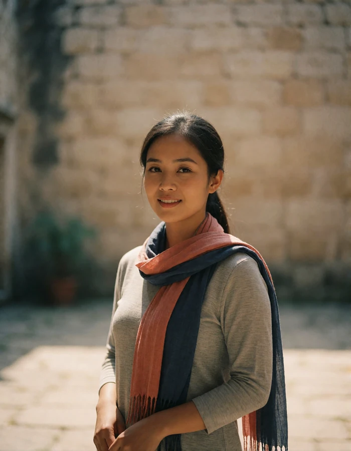 Bruneian woman in a soft grey long-sleeved top and draped scarf smiling gently in a quiet stone courtyard, an example of a verified dating profile