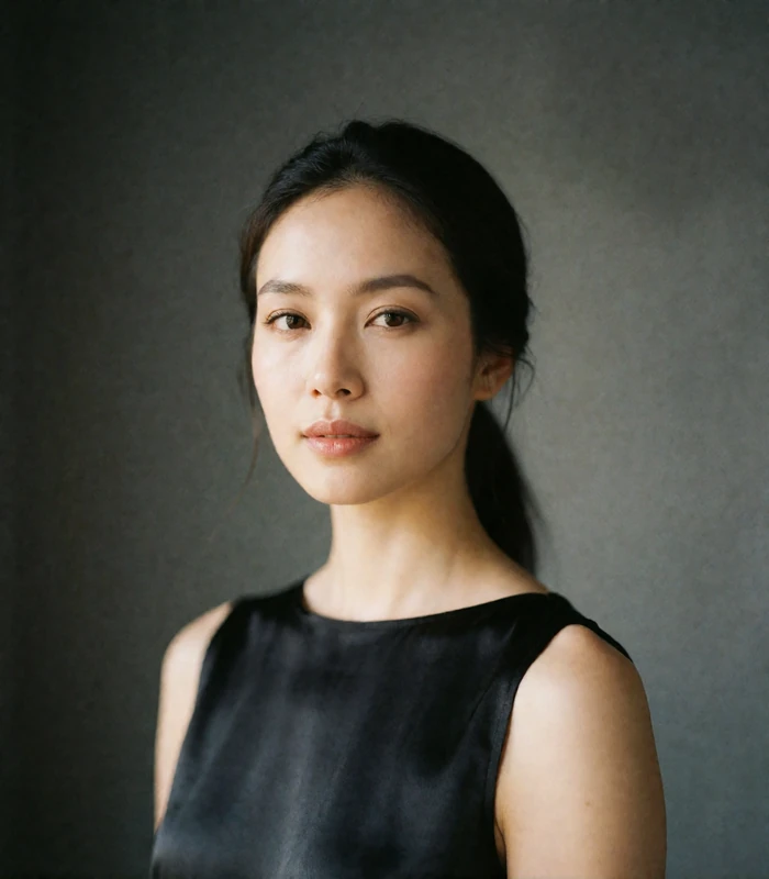 Thai woman in a sleek black silk top against a plain graphite backdrop, illustrating a verified profile photo standard on SakuraDate