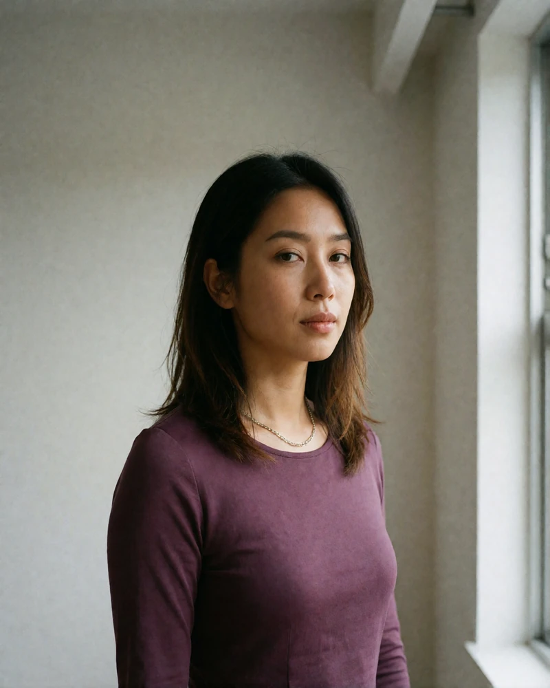 Nepali woman in a plum top standing in a minimal apartment interior, understated Nepali dating profile portrait