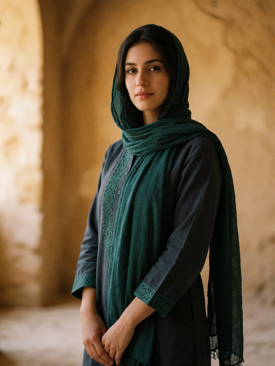 Afghan woman in a deep-emerald headscarf and modest tailored tunic, an example of a respectful dating profile portrait