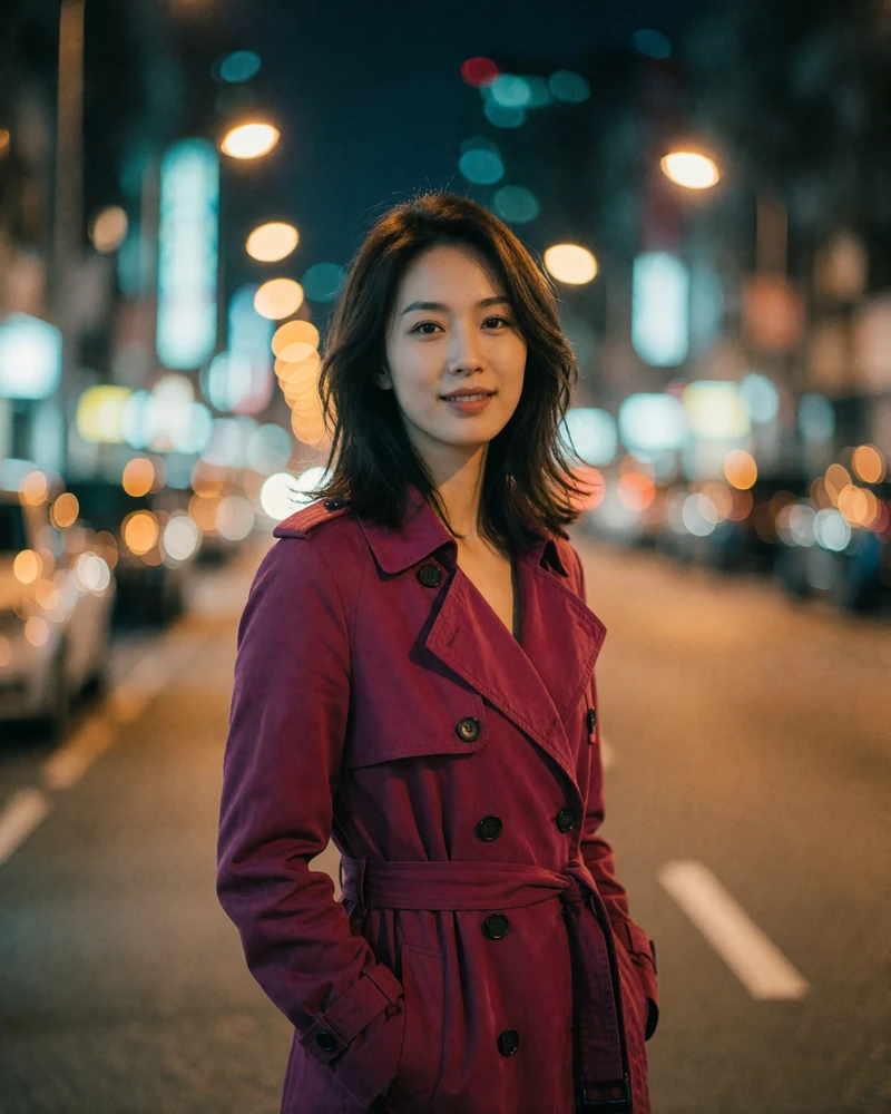 Taiwanese woman in a burgundy trench coat on an illuminated evening street, candid nighttime dating profile photo