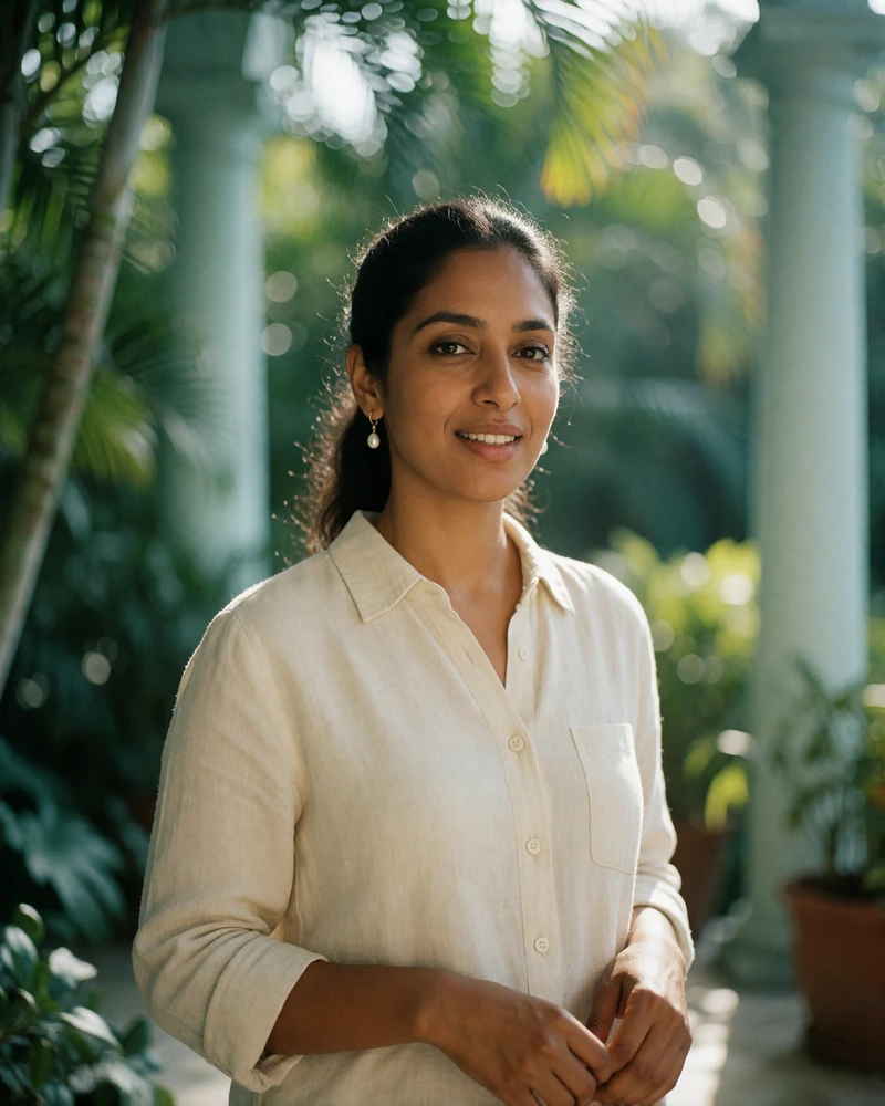 Sri Lankan woman in a cream linen shirt on a shaded garden terrace, candid daylight dating profile photography