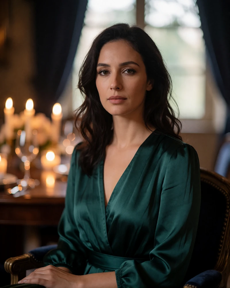 Jordanian woman in an elegant deep emerald dress seated at a fine dining table, an example of a verified Jordanian dating profile