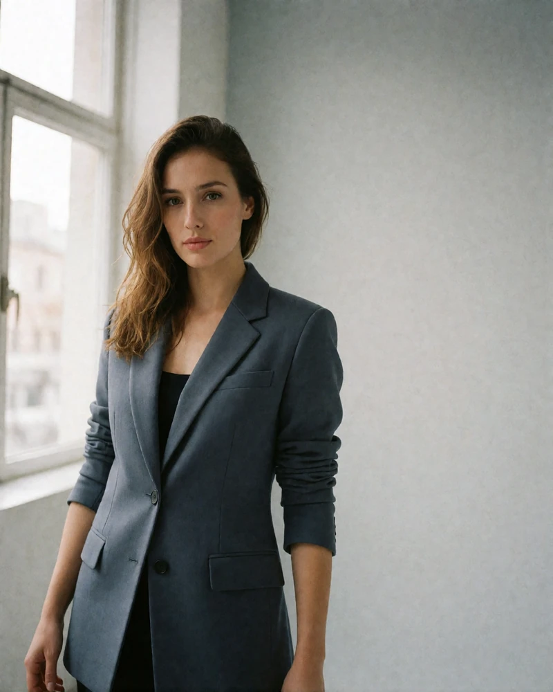 Armenian woman in a slate grey blazer standing in a bright minimal studio, illustrating a verified Armenian dating profile