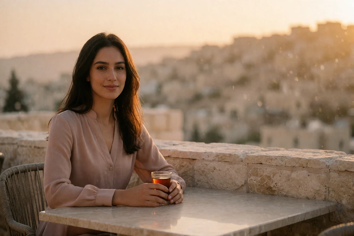 Jordanian woman in a soft blush blouse holding a glass of tea at a rooftop cafe table at golden hour, illustrating a Jordanian dating platform review