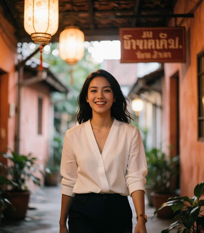 Thai woman in a white blouse walking through a softly lit evening lane, candid lifestyle photography for a Thai dating profile