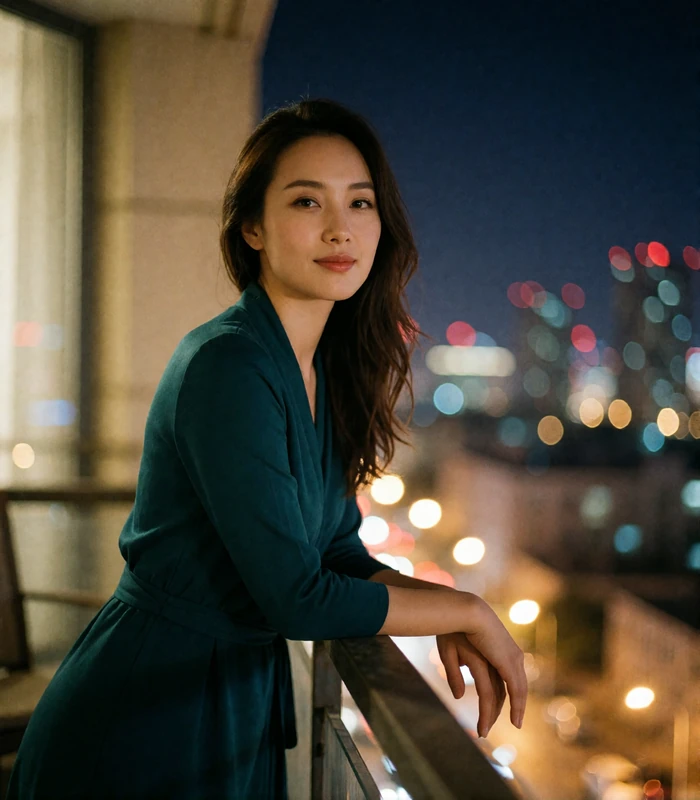Mongolian woman in a deep teal wrap dress on a rooftop balcony above a city skyline at dusk