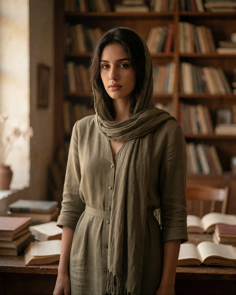 Yemeni woman in a muted olive dress in a warmly lit reading room with softly blurred shelving behind her