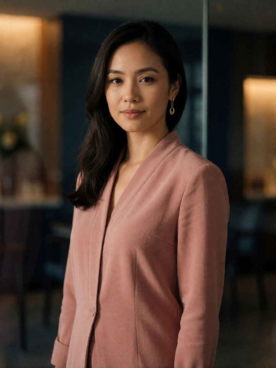 Poised Malaysian woman in a dusty rose blouse standing in a softly lit modern interior, an example of a verified Malaysian dating profile portrait