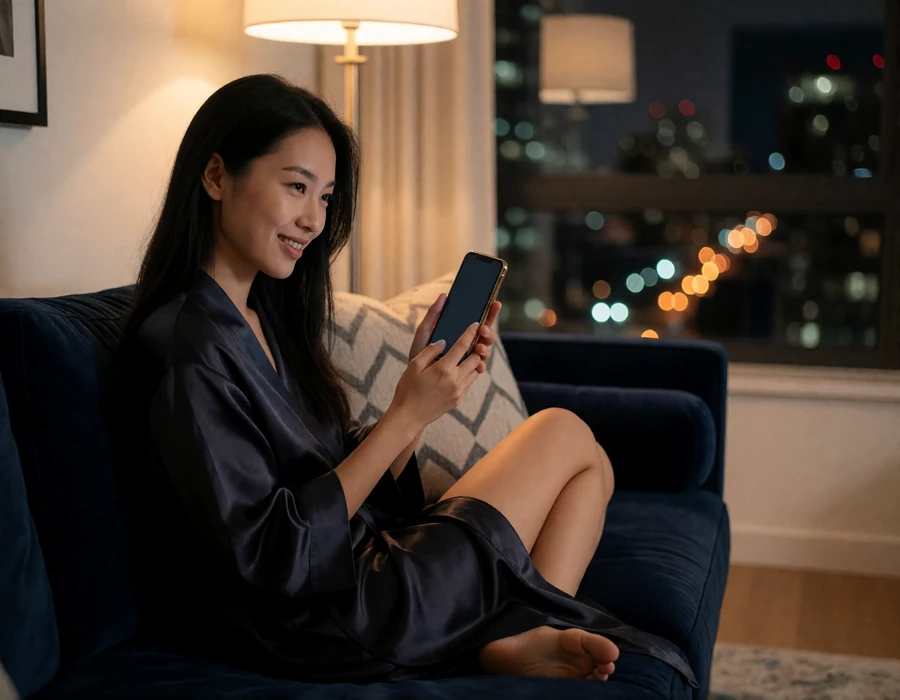 Elegant Asian woman in a satin robe holding a phone on a sofa at night during a late video call in a long-distance relationship