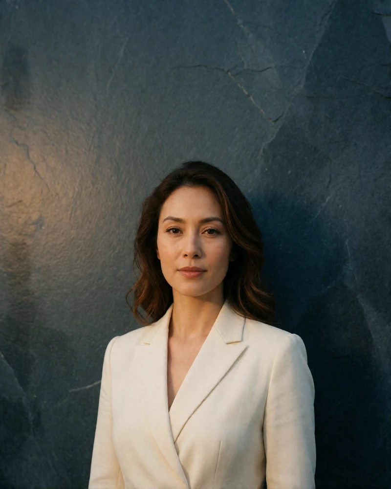 Nepali woman in an ivory blouse against a dark slate studio backdrop, professional Nepali dating profile portrait
