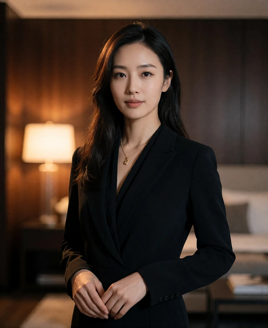 Chinese woman in a tailored black blouse with a gold pendant standing in a softly lit modern apartment interior