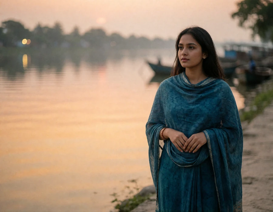 Bangladeshi woman in an indigo shawl standing on a quiet riverside walkway at golden hour, evening lifestyle photography for Bangladeshi dating