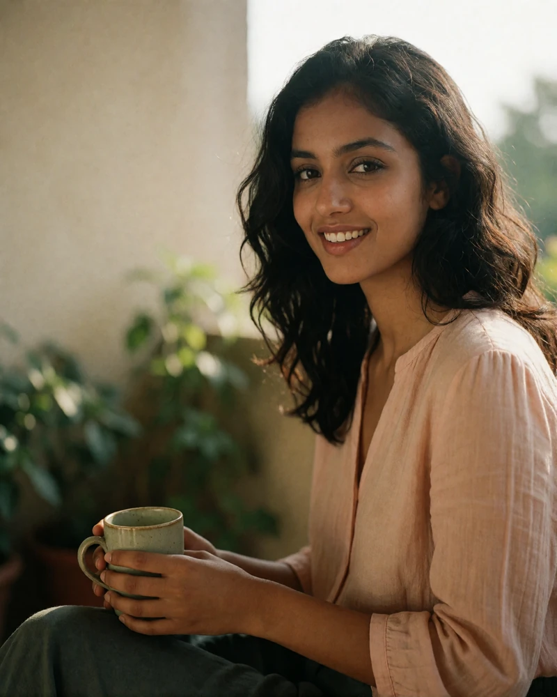 Indian woman with wavy dark hair in a blush blouse smiling on a shaded terrace with a cup in hand, illustrative Indian dating profile photography