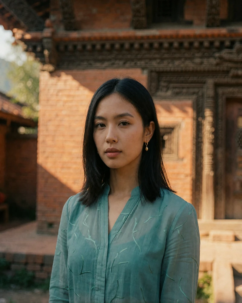 Nepali woman in a teal blouse standing in a temple courtyard, an example of a photo-verified Nepali dating profile