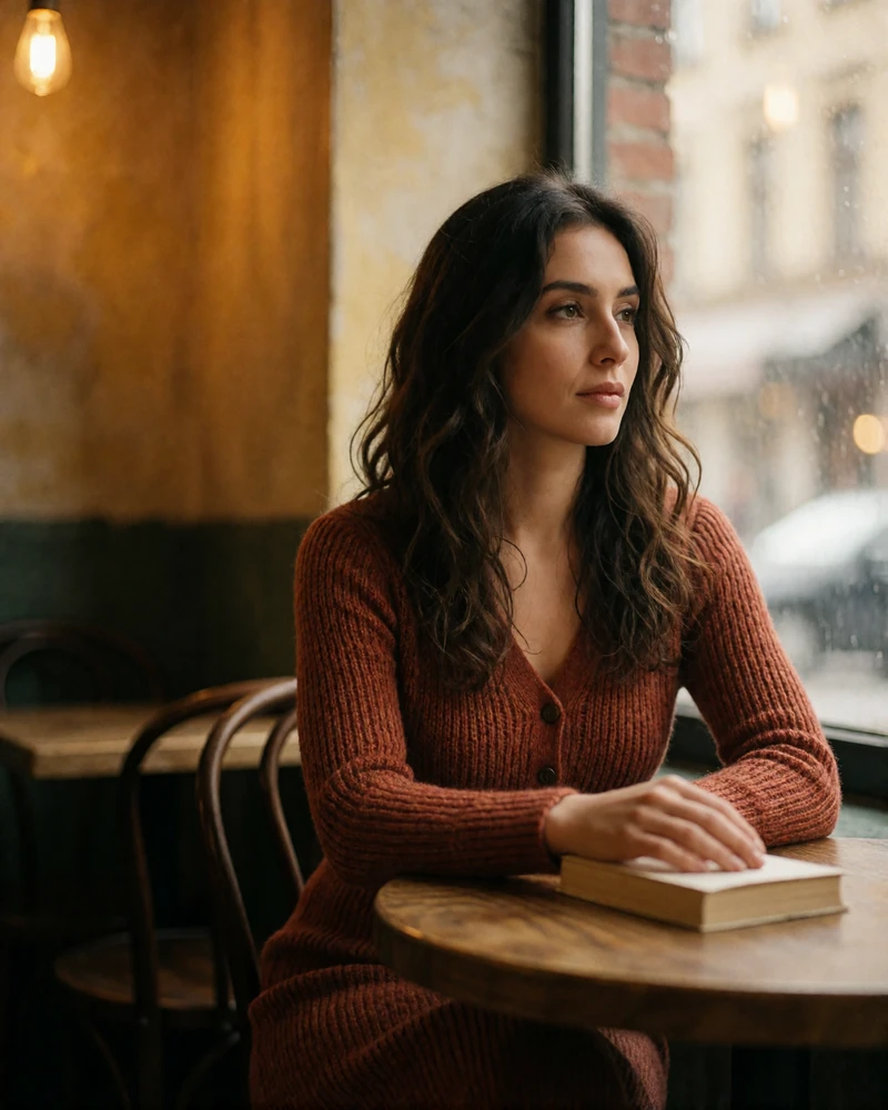 Armenian woman in a rust knit dress seated by a café window with a closed book, candid Armenian dating profile photography