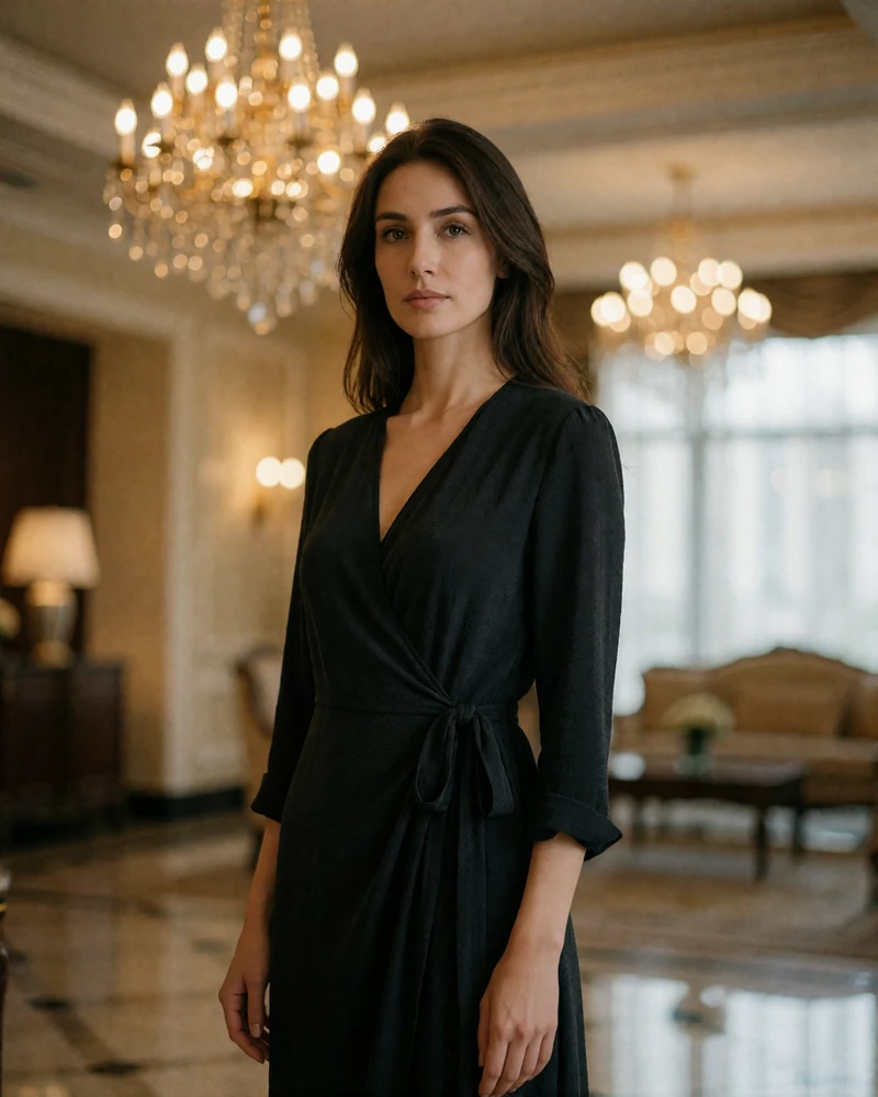 Turkmen woman in a black wrap dress in an upscale hotel lobby, evening portrait illustrating a verified Turkmen dating profile