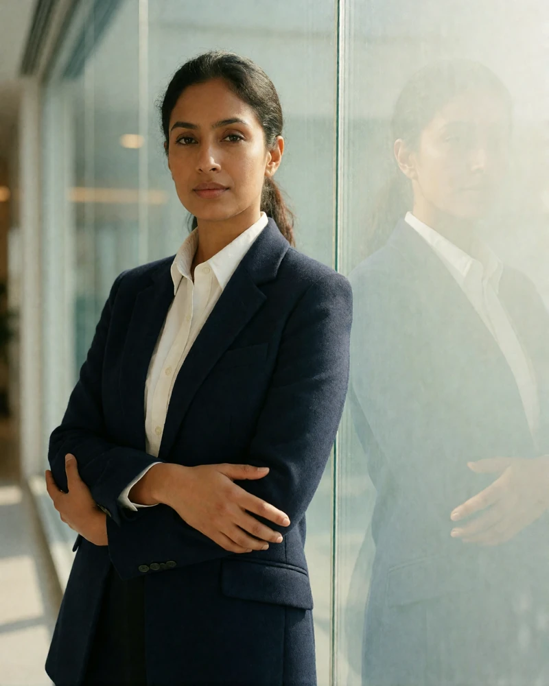 Indian woman in a tailored navy blazer standing beside a glass office wall, illustrative verified Indian dating profile