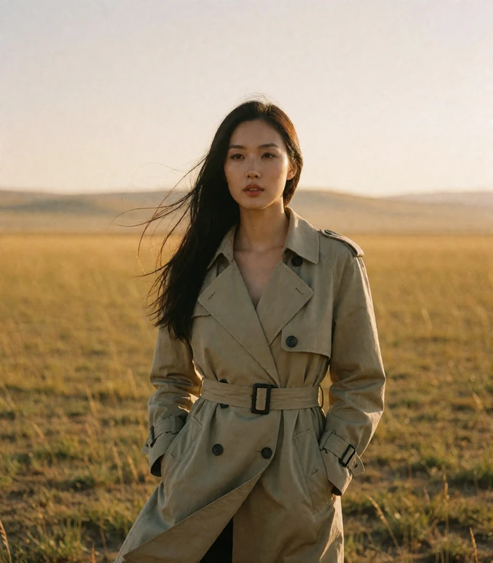 Mongolian woman in a modern belted trench coat standing in open grassland at golden hour