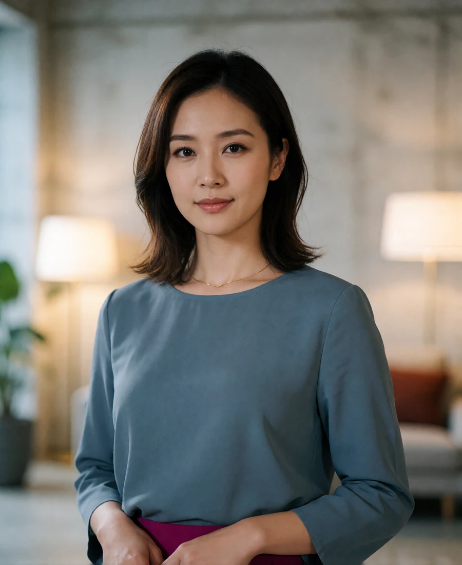 Poised Taiwanese woman in a slate blue blouse standing in a bright contemporary loft, a portrait style typical of a verified profile