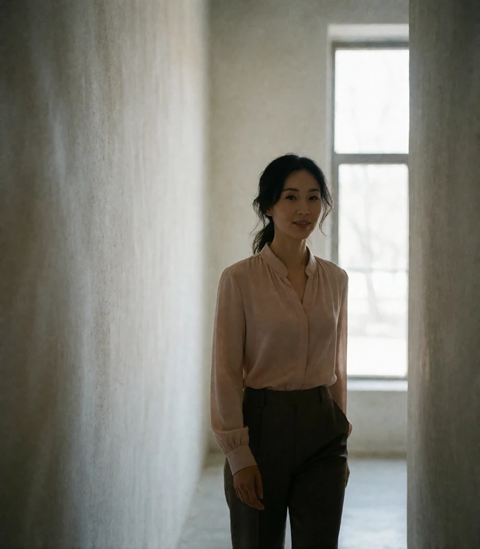 Mongolian woman in a blush silk blouse walking through a minimalist gallery corridor, a photo-verified Mongolian dating profile