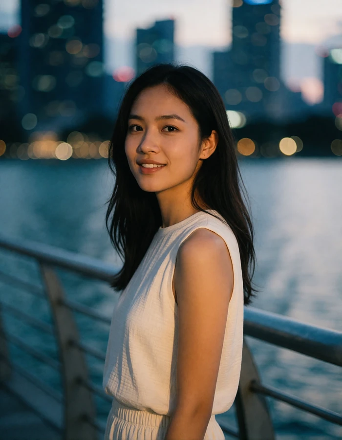 Singaporean woman in an ivory top near the waterfront promenade at dusk, an example of a verified Singaporean dating profile