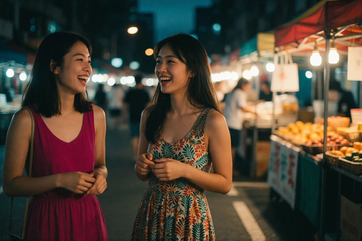 Two Taiwanese women laughing together at a Taipei night-market side street, candid lifestyle photography